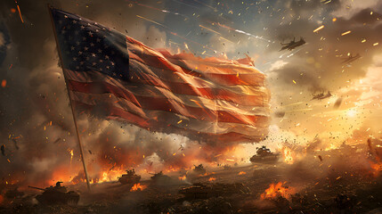  American flag waving majestically over a chaotic background - obrazy, fototapety, plakaty