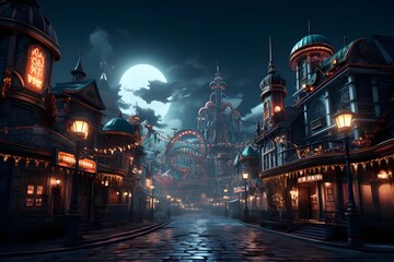 3D rendering of a fantasy fairytale city at night.