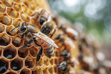A close-up image captures a bee on a honeycomb, highlighting the intricate details of its body and the hive. Generative AI