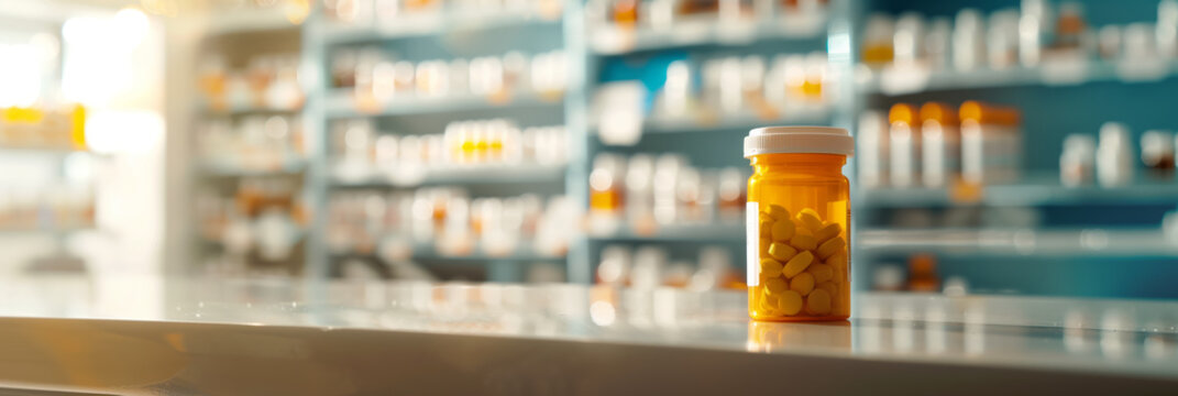 Orange pill bottle sitting on a counter in a pharmacy. Small plastic vial with pills on a background of drugstore. Selling prescription medicine.