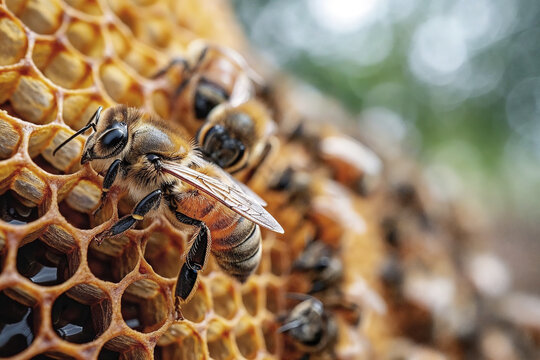 A close-up image captures a bee on a honeycomb, highlighting the intricate details of its body and the hive. Generative AI