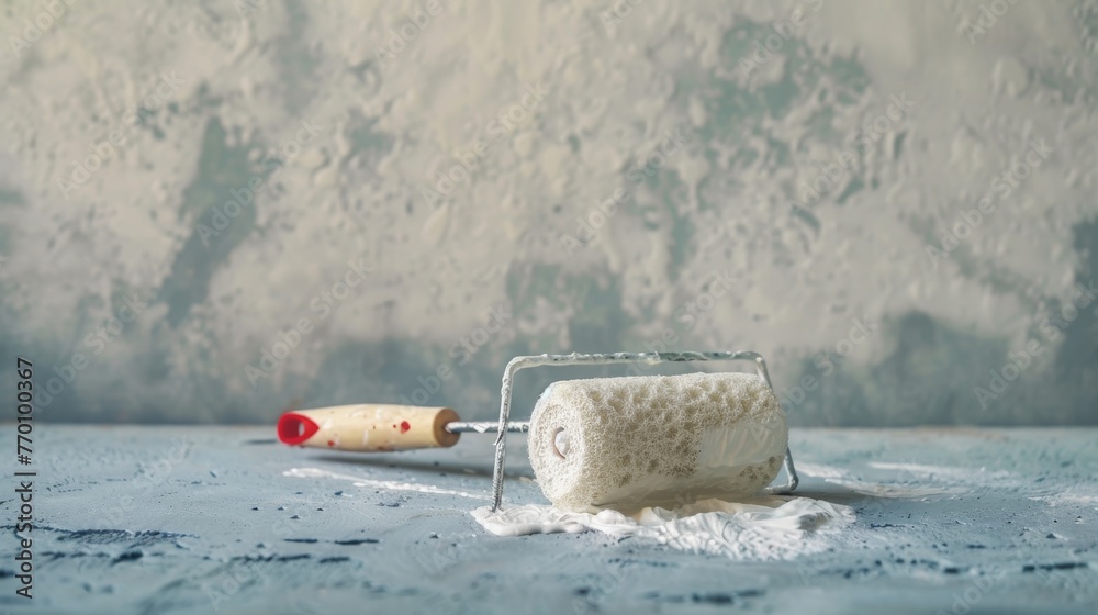 Aufkleber this dynamic image captures a paint roller with dripping white paint on a contrasting blue backgroun
