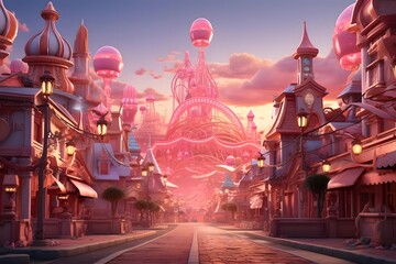 Fantasy landscape of an amusement park at sunset. 3d rendering