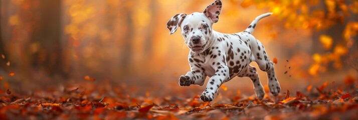 Adorable dalmatian puppy joyfully playing in a meadow, showcasing its beautiful spotted coat
