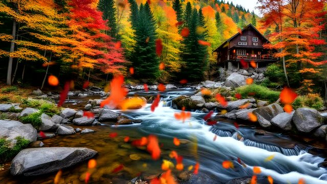 Vibrant autumn forest with red, orange, and yellow leaves, river flowing amidst rocks, and quaint riverside house with wooden fence. Seamless looping 4k time-lapse video animation background 

