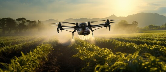 drone flies to spray fertilizer on fields - obrazy, fototapety, plakaty