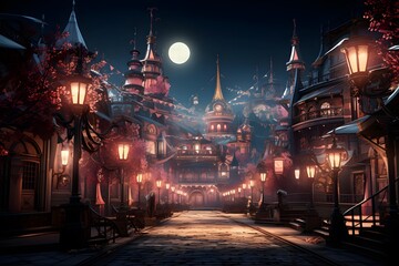 Fantasy illustration of a street in the city at night with a full moon