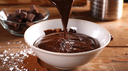 A close-up of a spoon pouring melted chocolate into a white bowl, creating a smooth flow of rich, dark liquid.