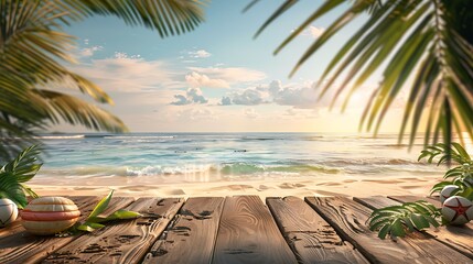 Wooden dock overlooking a tropical beach with palm trees and a blue ocean