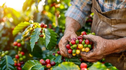 Farmer handpicking arabica and robusta coffee berries in agricultural field for fresh harvest - obrazy, fototapety, plakaty