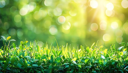 Close-up of green grass and leaves with sunlight shining in a lush forest
