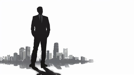 A businessman silhouette standing confidently, with a shadow that morphs into a city skyline on a white background, representing leadership and ambition.