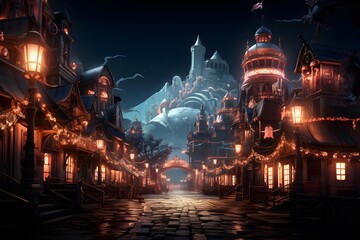 Fantasy Japanese temple at night 3d rendering illustration background new quality universal colorful joyful stock image