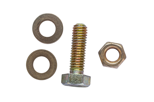 Close-up of a bolt with two washers and a nut isolated on a transparent background, showcasing hardware details.