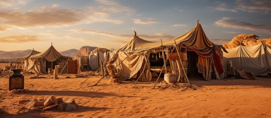 Authentic Bedouin-style tents placed within the desert's heat - obrazy, fototapety, plakaty