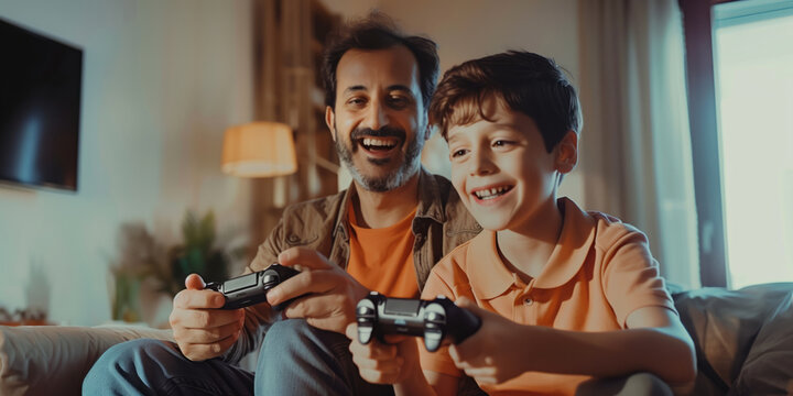 Young father playing video games with his child. Good parenting, bonding, quality time with a child, fun active leisure for families with kids. Celebration of Father's Day concept.