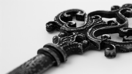 A close-up silhouette of a key, its intricate cuts and grooves detailed against a white background. The image captures the mystery and the stories locked behind closed doors.