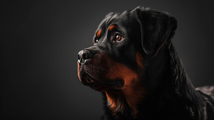 Obraz premium A close-up silhouette of a Rottweiler, its powerful physique and calm gaze outlined against a black background. The silhouette reflects the breed's confidence and strength.