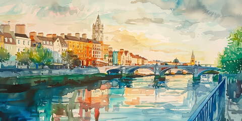 Watercolor illustration of Dublin cityscape. Colorful houses, river and a bridge in typical Irish town. Watercolor landscape of Ireland.