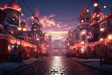 Amusement park at night in the city center. 3d rendering - obrazy, fototapety, plakaty