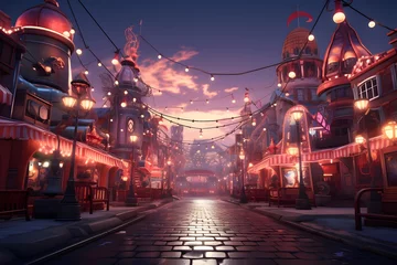 Fototapeten Amusement park at night in the city center. 3d rendering © Iman