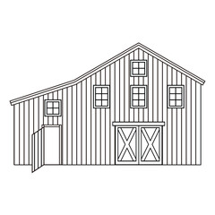 Black white monochrome line wooden farmhouse or barn. Isolated vector illustration of village building exterior on white background for coloring pages or book