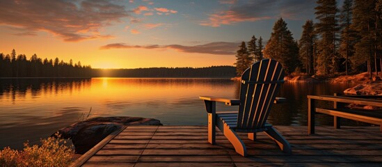Two wooden chairs on a wooden pier overlooking a lake at sunset - obrazy, fototapety, plakaty