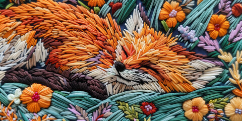Detailed embroidery of baby fox with flower motifs, using colorful threads, beads and French knots. - obrazy, fototapety, plakaty