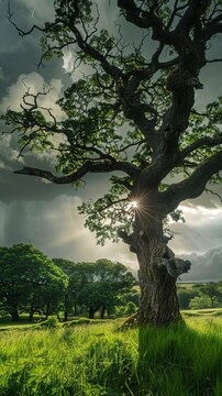 Ancient oak tree in a green field, stormy sky, backlit, close-up. 