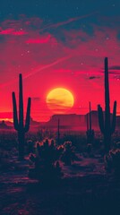 Desert sunset, warm hues, silhouetted cacti, low angle, HDR photo style