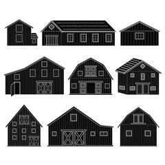 Big set of monochrome black white red wooden barns with windows, doors. Isolated vector houses icons on the white background
