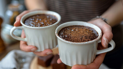 2 hot chocolate drinks in white cups being server, 