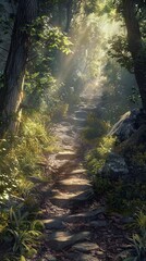 Obraz premium Ancient forest path, dappled sunlight, mid-angle, enchanted atmosphere, ultra detailed