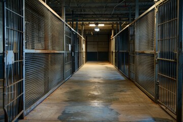 A photograph showing the empty caged corridors of an industrial or storage facility