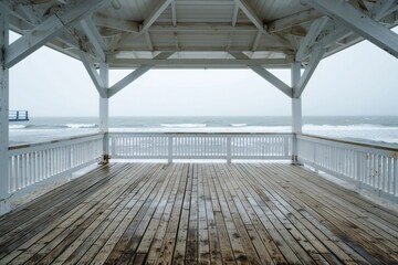 A wooden gazebo overlooking the ocean, captured on a cloudy and moody day