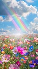 Flower field with rainbow, bright and colorful, ground level, sunny day, lifelike detail 