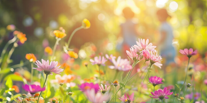 Colorful flowers blossoming in front of a big house with children playing on the background.