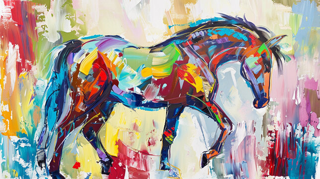Oil paint horse portrait painting in multicolored tones. Conceptual abstract painting of a horse. Closeup of a painting by oil and palette knife on canvas.