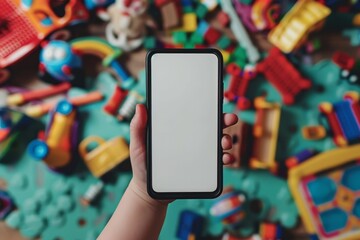 A hand holding a smartphone with a clear screen amidst a multitude of vibrant children's toys scattered around