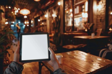 Cozy ambiance with hands holding a tablet with a blank screen that can be customized with content in a cafe