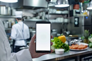 Chef in a restaurant kitchen holding a smartphone with a clear screen among fresh produce and kitchenware