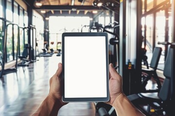 Person holding a white screen tablet perfect for app mockups in a gym environment with fitness equipment