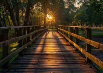 Serene Wooden Boardwalk in Lush Park at Golden Hour Sunset