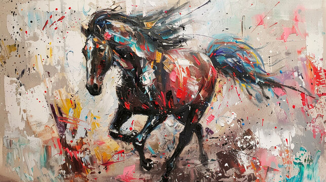 Oil paint horse portrait painting in multicolored tones. Conceptual abstract painting of a horse. Closeup of a painting by oil and palette knife on canvas.