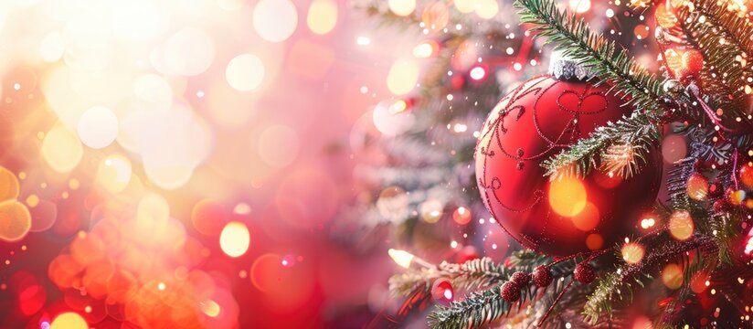 Background with Christmas and New Year's Eve theme featuring a wide-angle view, showcasing a red ball on a fir tree with shimmering highlights.