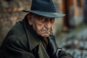Mysterious man with obscured face wearing a hat sitting alone in an alley
