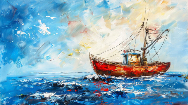 Oil paint ship in sea