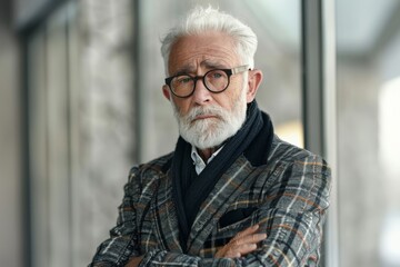 A sophisticated older man in a checkered jacket and scarf, standing indoors with a confident look