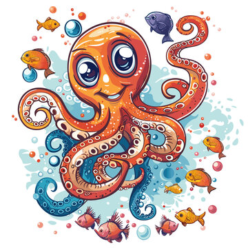 Cute octopus cartoon character. Vector illustration of sea animal.