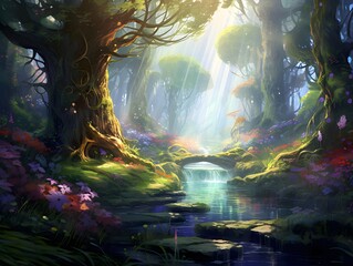 Beautiful fantasy landscape with magic forest and river. Digital painting.
